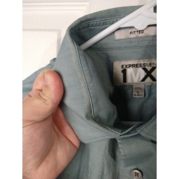 Express Men 1MX Fitted Long Sleeve Collared Button Teal Shirt. Size L - Picture 4 of 12